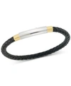 LEGACY FOR MEN BY SIMONE I. SMITH TWO-TONE WOVEN BLACK LEATHER BRACELET IN STAINLESS STEEL & YELLOW ION-PLATE