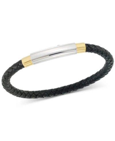 Legacy For Men By Simone I. Smith Two-tone Woven Black Leather Bracelet In Stainless Steel & Yellow Ion-plate