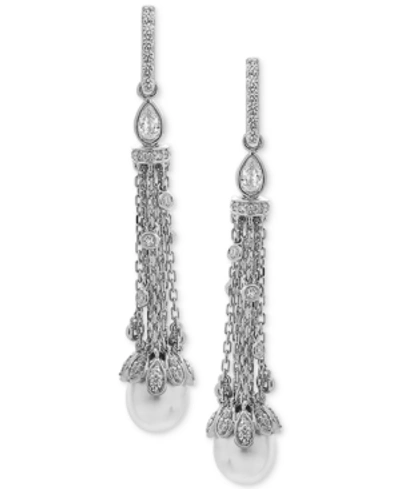 Arabella Cultured Freshwater Pearl (8 X 10mm) & Swarovski Zirconia Linear Drop Earrings In Sterling Silver In White