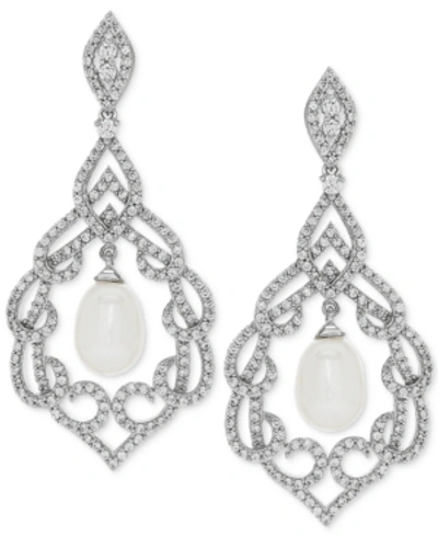 Arabella Cultured Freshwater Pearl (7mm) & Cubic Zirconia Orbital Drop Earrings In Sterling Silver In White