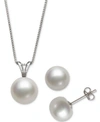 Belle De Mer 2-pc. Set White Cultured Freshwater Pearl Pendant Necklace (9mm) & Stud Earrings (8mm) (also In Gray In White