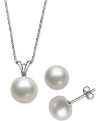 Belle De Mer 2-pc. Set White Cultured Freshwater Pearl Pendant Necklace (9mm) & Stud Earrings (8mm) (also In Gray