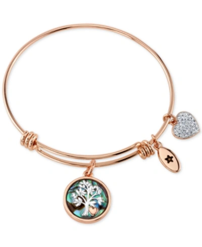 Unwritten Family Tree Inlay Charm Bangle Stainless Steel Bracelet In Rose Gold-tone With Silver Plated Charms
