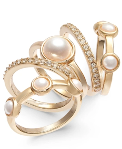 Inc International Concepts Gold-tone 5-pc. Set Pave & Imitation Pearl Stackable Rings, Created For Macy's