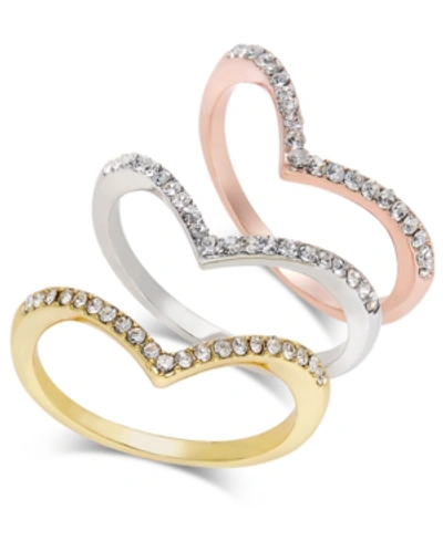 Inc International Concepts Tri-tone 3-pc Set Crystal Chevron Stackable Rings, Created For Macy's