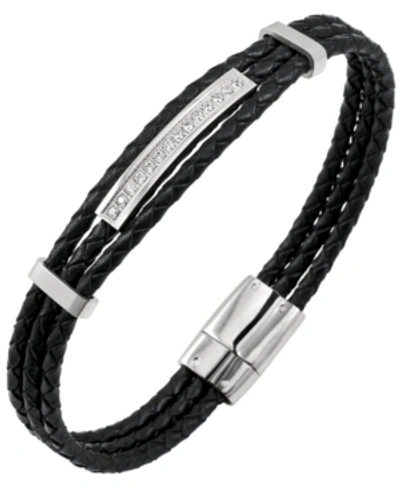 Sutton By Rhona Sutton Sutton Stainless Steel And Braided Leather Bracelet With Cubic Zirconia Stations In Black