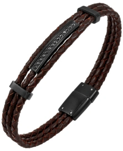 Sutton By Rhona Sutton Sutton Stainless Steel And Braided Leather Bracelet With Cubic Zirconia Stations In Brown