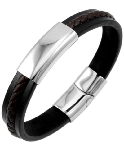Sutton By Rhona Sutton Sutton Stainless Steel Two-tone Leather Bracelet With Braided Stripe Detail In Black