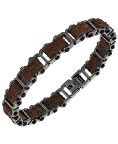 Sutton By Rhona Sutton Sutton Stainless Steel Gunmetal And Brown Leather Link Bracelet