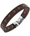 Sutton By Rhona Sutton Sutton Stainless Steel Crossed Chain Brown Leather Bracelet In Brown
