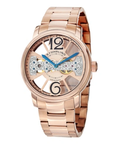 Stuhrling Stainless Steel Rose Tone Case On Link Bracelet, Rose Tone Skeletonized Dial With Exposed Bridge Mov