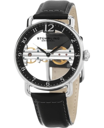 Stuhrling Men's Mechanical Bridge Watch, Silver Tone Case On Black Genuine Leather Strap, Black Skeletonized D