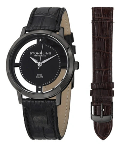 Stuhrling Stainless Steel Black Pvd Case On Black Alligator Embossed Genuine Leather Interchangeable Strap Wit