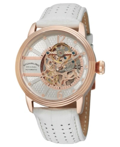 Stuhrling Stainless Steel Rose Tone Case On White Perforated Alligator Embossed Genuine Leather Strap With Gra In Silver