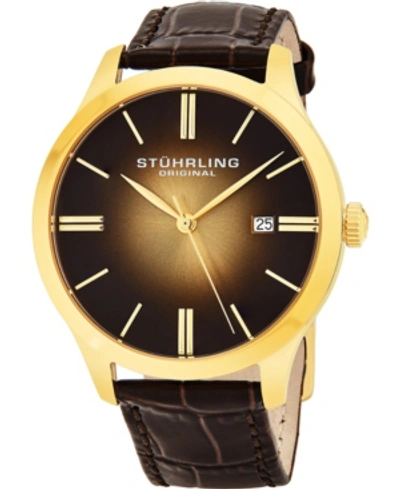 Stuhrling Stainless Steel Gold Tone Case On Brown Alligator Embossed Genuine Leather Strap, Gold Tone "burnt" In Rose