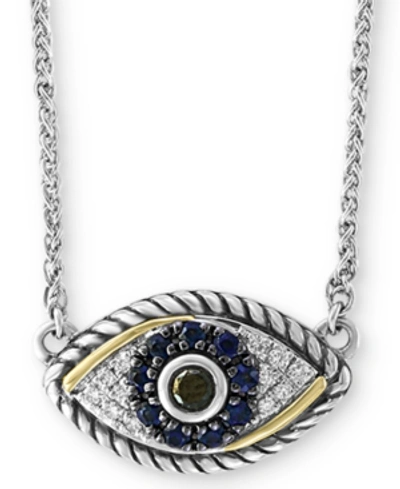Effy Collection Effy Sapphire (1/6 Ct. T.w.) & Diamond (1/8 Ct. T.w.) Evil Eye 18" Pendant Necklace In Sterling Silv In Blue