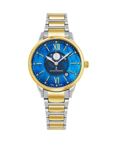 Stuhrling Alexander Watch Ad204b-03, Ladies Quartz Moonphase Date Watch With Yellow Gold Tone Stainless Steel In Two-tone
