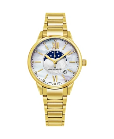 Stuhrling Alexander Watch Ad204b-05, Ladies Quartz Moonphase Date Watch With Yellow Gold Tone Stainless Steel