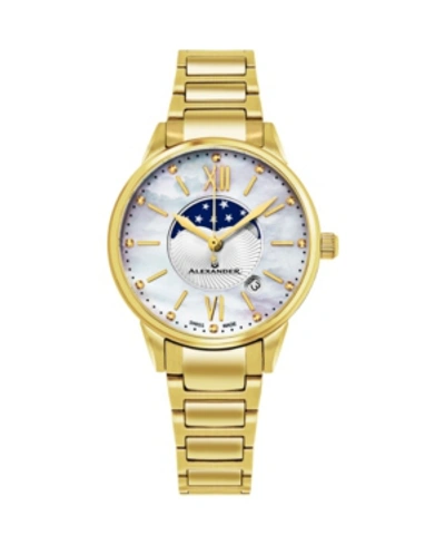 Stuhrling Alexander Watch A204b-05, Ladies Quartz Moonphase Date Watch With Yellow Gold Tone Stainless Steel C