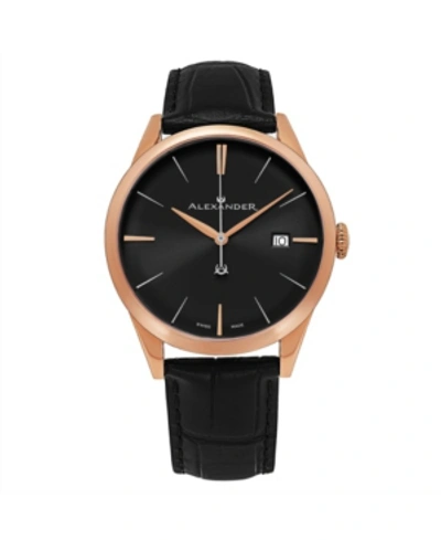 Stuhrling Alexander Watch A911-05, Stainless Steel Rose Gold Tone Case On Black Embossed Genuine Leather Strap