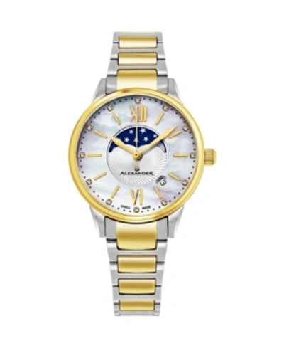 Stuhrling Alexander Watch Ad204b-04, Ladies Quartz Moonphase Date Watch With Yellow Gold Tone Stainless Steel In Two-tone