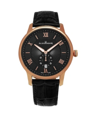 Stuhrling Alexander Watch A102-04, Stainless Steel Rose Gold Tone Case On Black Embossed Genuine Leather Strap