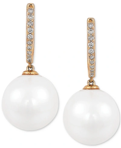 Honora Cultured White Ming Pearl (12mm) & Diamond (1/8 Ct. T.w.) Drop Earrings In 14k Gold