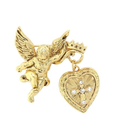 Symbols Of Faith 14k Gold-dipped Crystal Glory Of The Cross Fob Locket Brooch In Yellow