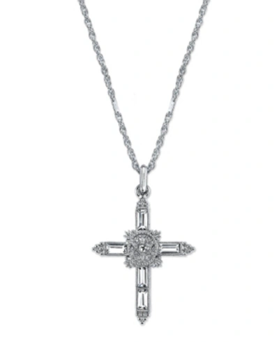 Symbols Of Faith Silver-tone Crystal Cross Pendant Necklace 18" In White