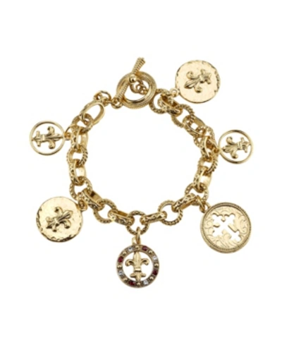 Symbols Of Faith 14k Gold-dipped Toggle Crosses And Fleur Di Lis Medallion Charm Bracelet