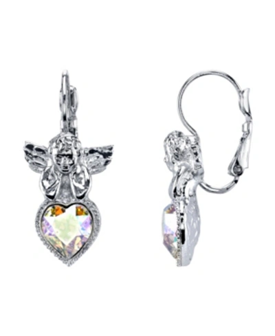 Symbols Of Faith Silver-tone Crystal Ab Heart Angel Earrings