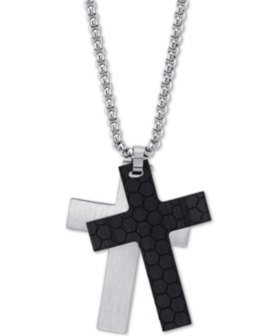 He Rocks Silver And Black Double Cross Pendant Necklace In Stainless Steel, 24" Chain