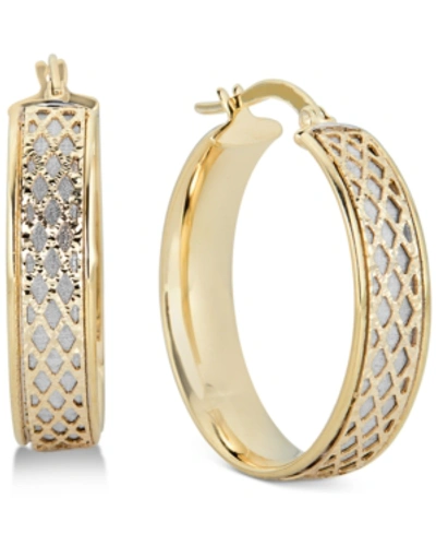Italian Gold Lattice-design Oval Hoop Earrings In 14k White Gold And 14k Gold