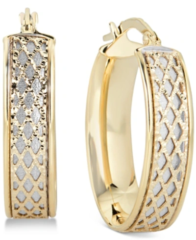 ITALIAN GOLD LATTICE-DESIGN OVAL HOOP EARRINGS IN 14K WHITE GOLD AND 14K GOLD