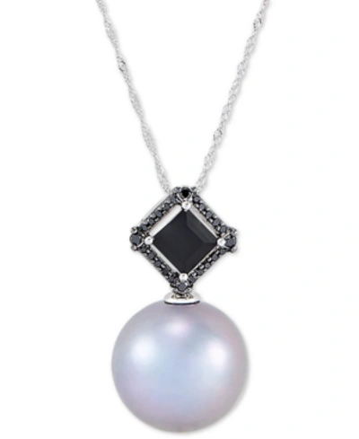 Honora Cultured Grey Ming Pearl (13mm), Black Diamond (1/10 Ct. T.w.) & Onyx (7mm) 18" Pendant Necklace In  In White