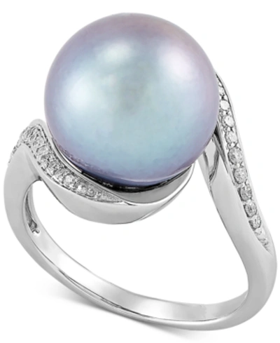 Honora Cultured Grey Ming Pearl (12mm) & Diamond (1/8 Ct. T.w.) Statement Ring In 14k White Gold In Gray