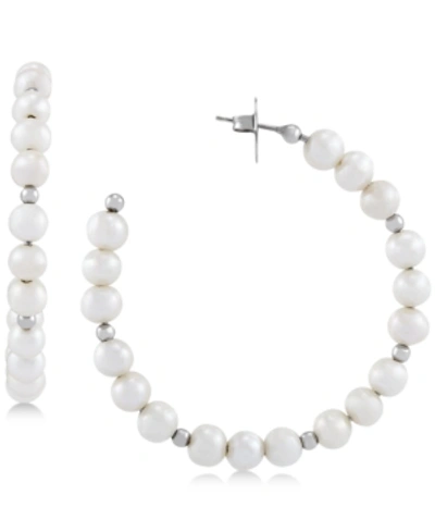 Honora Cultured Freshwater Pearl (6mm) & Bead Hoop Earrings In Sterling Silver In White