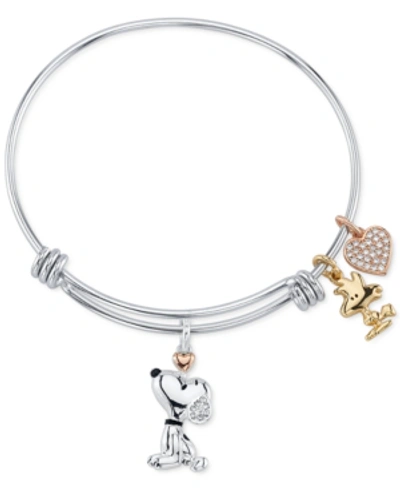 Peanuts Unwritten Snoopy & Woodstock Bangle Bracelet In Stainless Steel With Silver Plated Charms In Tri-tone
