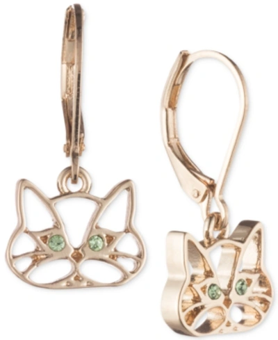 Pet Friends Jewelry Gold-tone Green Crystal Cat Drop Earrings