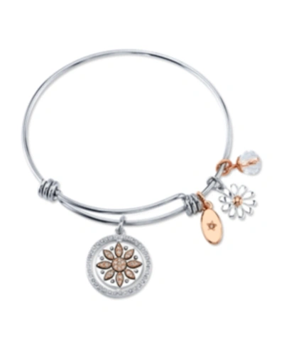 Unwritten "live Laugh Love" Flower Bangle Bracelet In Stainless Steel & Rose Gold-tone With Silver Plated Char