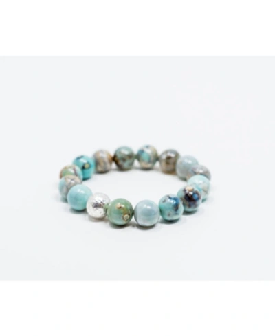 Katie's Cottage Barn Aqua Terra Agate Gemstone With Hammered Silver Focal Bead Bracelet In Blue