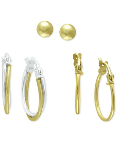 Giani Bernini 3-pc. Set Small Hoop And Ball Stud Earrings In Sterling Silver & 18k Gold-plate, Created For Macy's In Two Tone