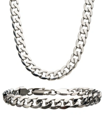 Inox Curb Chain 8" Bracelet And 22" Necklace Set In Silver-tone