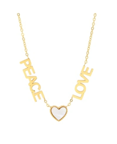 Steeltime 18k Micron Gold Plated Stainless Steel Peace Love Drop Necklace With Heart Charm In Gold-plated