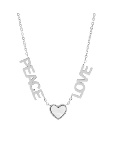 Steeltime Stainless Steel Peace Love Drop Necklace With Heart Charm In Silver-plated