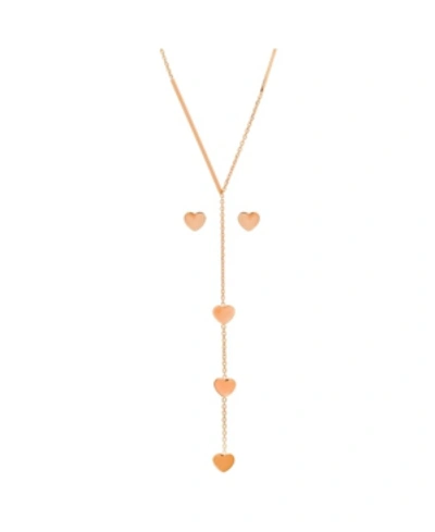 Steeltime Ladies 18k Rose Gold Plated Stainless Steel Heart Design Drop Necklace Set, 2 Piece In Rose Gold-plated