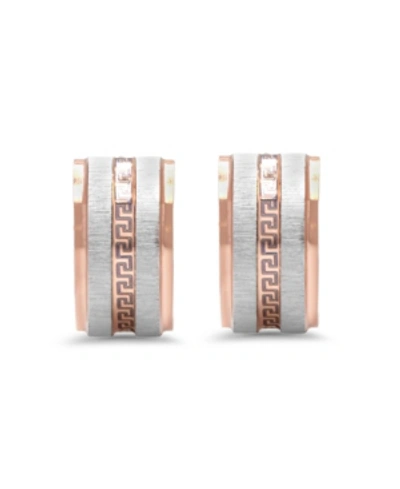 Steeltime Stainless Steel 2 Tone Greek Key Design Huggie Earrings In Rose Gold-plated