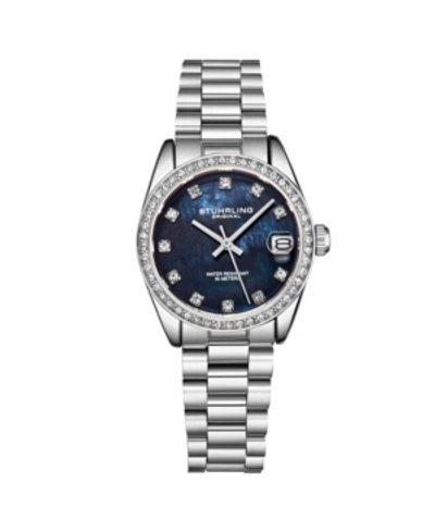 Stuhrling Women's Quartz ,crystal Studded Bezel, Mop Dial, Stainless Steel Bracelet Watch In Silver