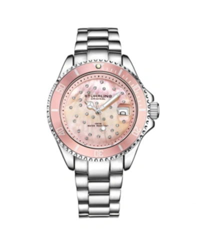 Stuhrling Ladies Diver Quartz Crystal Studded Case ,mop Dial, Stainless Steel Bracelet Watch In Silver