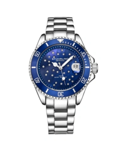 Stuhrling Ladies Diver Quartz Crystal Studded Case ,mop Dial, Stainless Steel Bracelet Watch In Silver